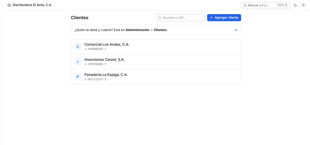 Pantalla Clientes: lista de clientes del mostrador con cédula o RIF y lo que debe cada uno.