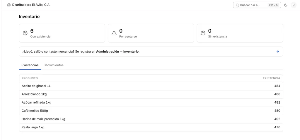 Pantalla Inventario con existencias por producto y alertas de reposición.