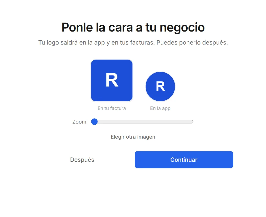 Pantalla «Ponle la cara a tu negocio»: el logo se recorta en vivo y se ve cómo saldrá en la factura y en la app.