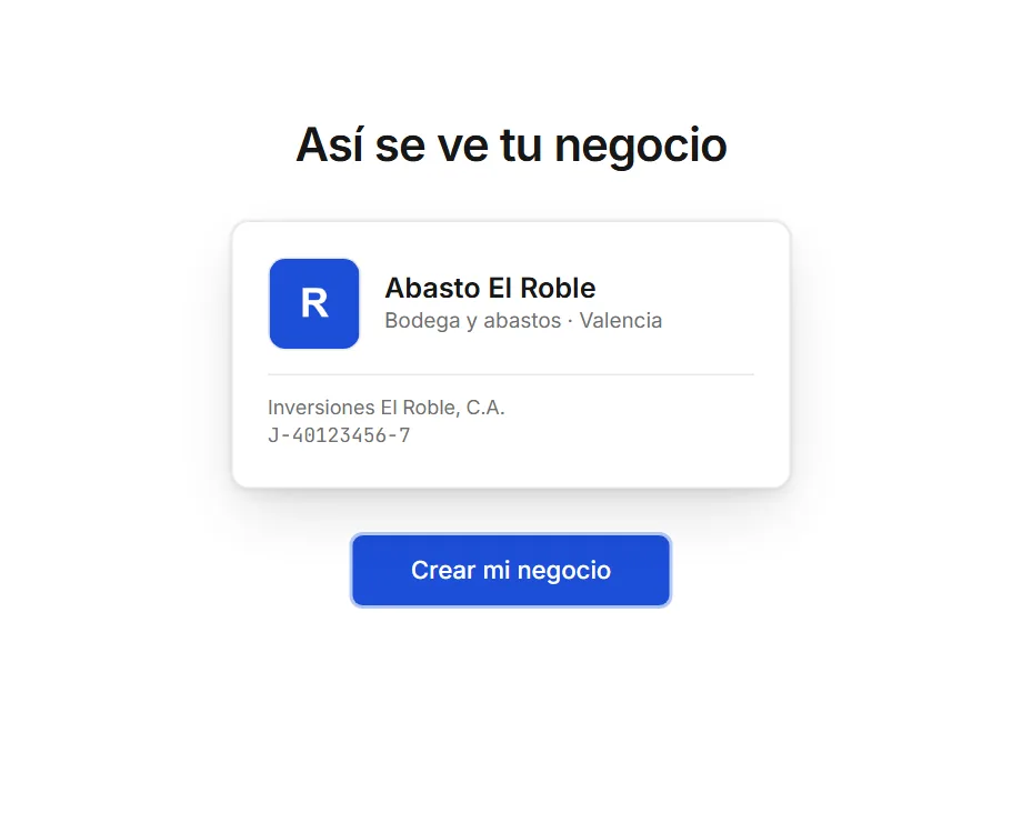 Pantalla «Así se ve tu negocio»: la tarjeta de Abasto El Roble con su logo, rubro, razón social y RIF, y el botón Crear mi negocio.