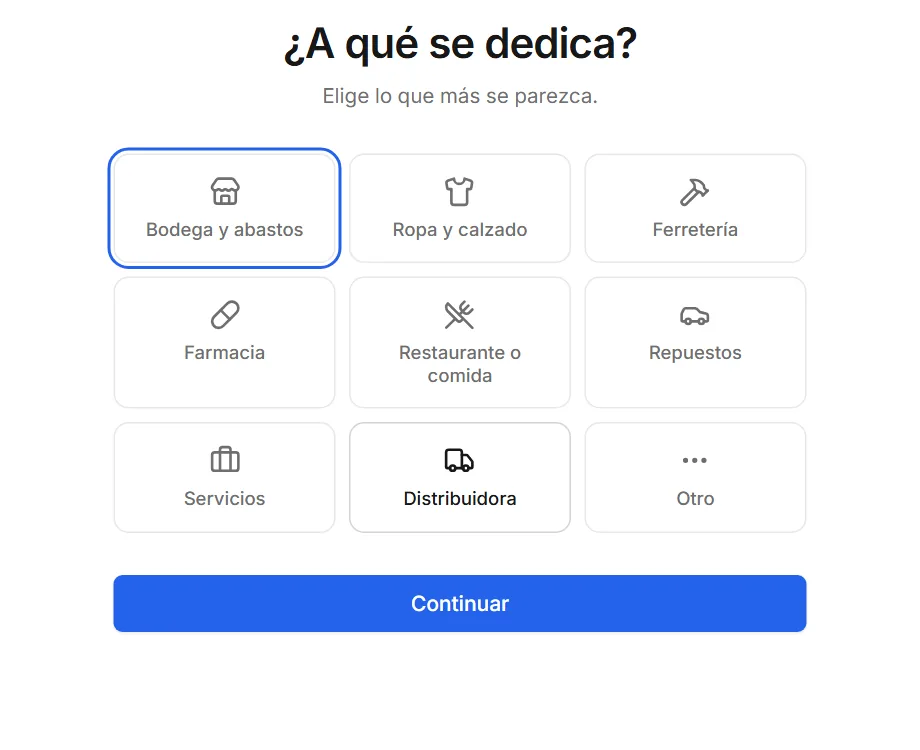 Pantalla «¿A qué se dedica?» con rubros: bodega y abastos, ropa y calzado, ferretería, farmacia, restaurante, repuestos, servicios, distribuidora.