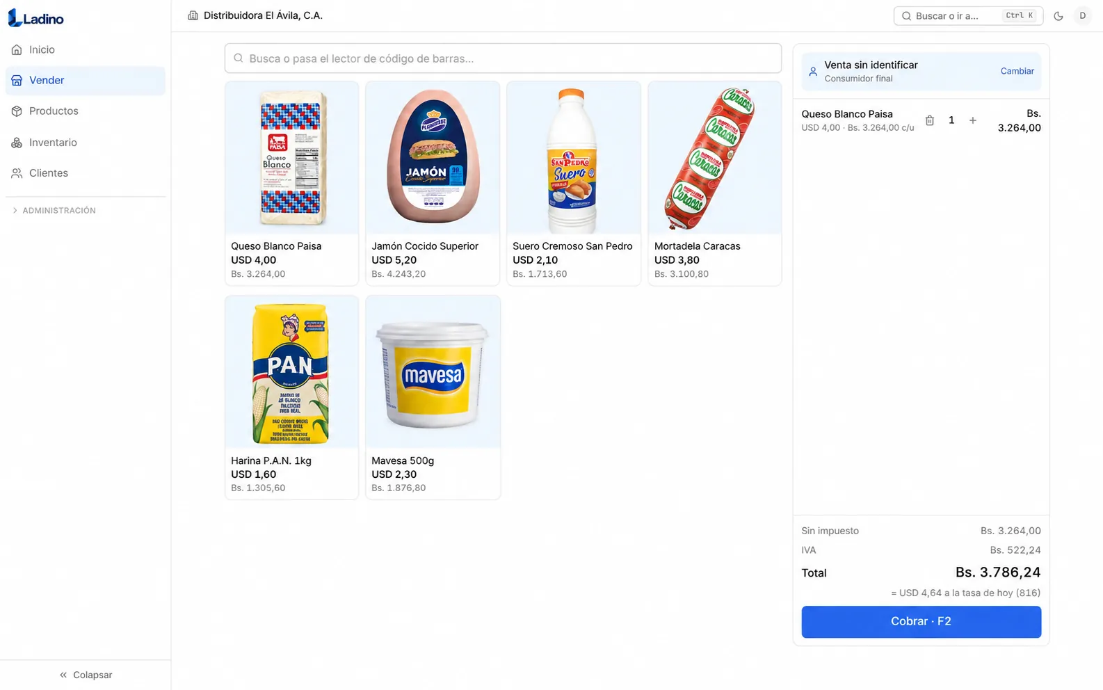 Pantalla Vender: cuadrícula de productos con foto y precio en dólares y bolívares, buscador con lector de barras, carrito con IVA y total Bs. 3.786,24 a la tasa de hoy, botón Cobrar.